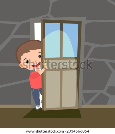 Child peek in the door. Opened the entrance. Funny boy kid. View from inside the room. Cartoon style. Flat design. Vector.