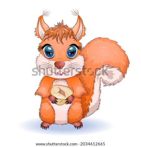 Cute cartoon squirrel with beautiful eyes holds a nut, surrounded by nuts.