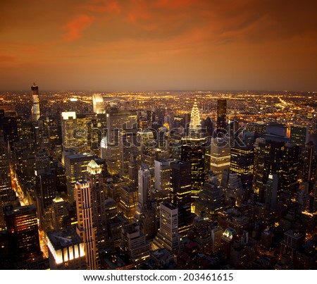 Ariel view of the New York City skyline at sunset