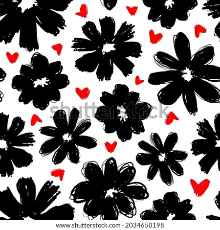 Black ink flowers and red small hearts isolated on white background. Cute monochrome floral seamless pattern. Vector simple flat graphic hand drawn illustration. Texture.