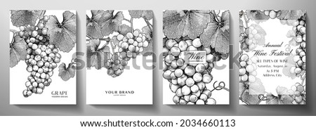 Wine set (collection). Grape bunch (vine) with leaves on background. Black and white vintage vector illustration for wine products, catalog or label design template, wine list, restaurant Royalty-Free Stock Photo #2034660113