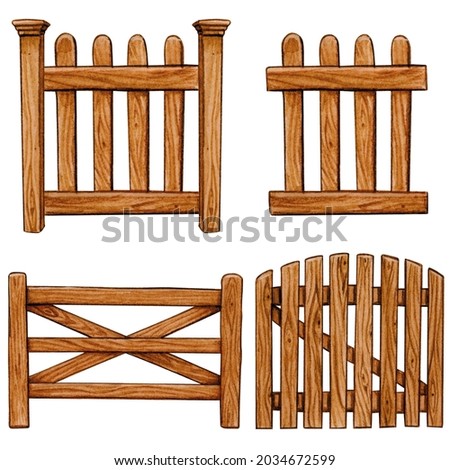 Watercolor hand drawn wooden fences