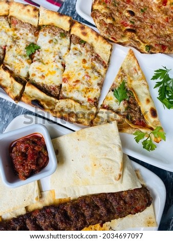 Turkish kebab and turkish pizza(pide and lahmacun) ready for served.