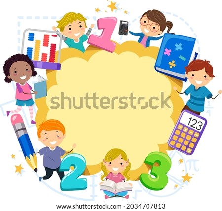Illustration of Stickman Kids Frame with 123 for Math Subject with Book, Calculator and Abacus