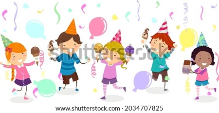 Illustration of Stickman Kids Holding Ice Cream with Balloons and Confetti in an Ice Cream Social