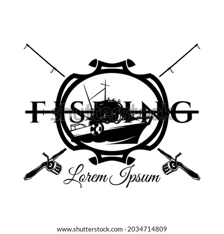 Fishing logo, bass, tuna, vintage, label, badge, logo. Layered, separate text, isolated on white and black vector illustration