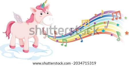 Cute unicorn standing on the cloud with melody symbols on rainbow illustration