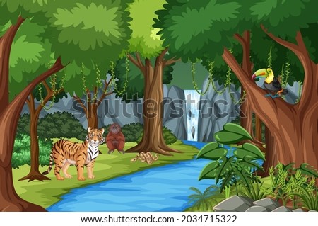 Forest scene with different wild animals  illustration
