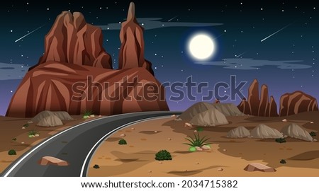 Desert forest landscape at night scene with long road illustration