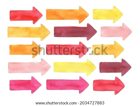 Watercolour illustration set of various arrows in bright red, orange, yellow, pink and burgundy colors. Handdrawn graphic drawing on white background, isolated clipart elements for creative design.