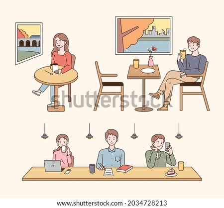 People sitting in cafe and drinking coffee. People watching the autumn scenery by the window or looking at books, laptops and smartphones at the bar table. outline simple vector illustration.