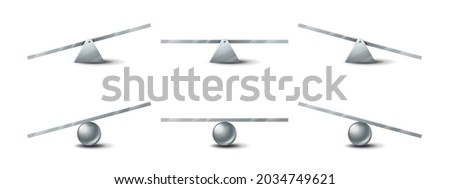 Set of seesaw, metal swings, teeter-totter, balanced and unbalanced teeterboards with round and triangular base. Weightiness scales isolated on white background. Realistic 3d vector illustration Royalty-Free Stock Photo #2034749621