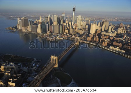 Aerial view of Lower Manhattan, Dumbo and Brooklyn Bridge, New York City, New York