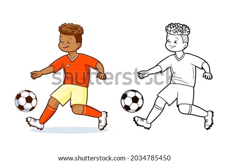 Coloring book, Teenage soccer players kicks soccer ball.Vector illustration in flat cartoon style, comic	