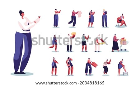 Set of Female Characters Shaving Legs, Buying Gifts, Builder or Engineer Occupation, Cheese Manufacture Worker, Student or Traveler Isolated on White Background. Cartoon People Vector Illustration
