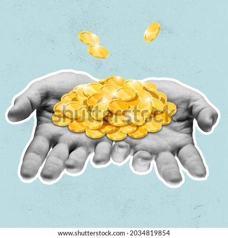 Wealth, income, profit and savings concept. Contemporary art collage with male hand folding pyramid from yellow coins isolated on green background. Copyspace for ad, offer. Royalty-Free Stock Photo #2034819854