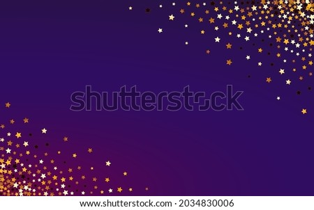 Yellow Universe Vector Purple Background. Sparkling Holiday Sparkle Banner. Glitter Galaxy Border.  Shiny Glamour Star Wallpaper.