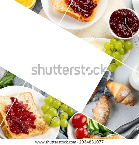 Collage of delicious fresh breakfast served with drinks, croissants and fruits. Balanced diet.
