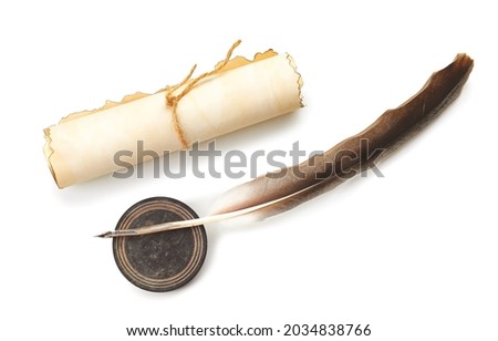 Feather pen with scroll and ink on white background Royalty-Free Stock Photo #2034838766