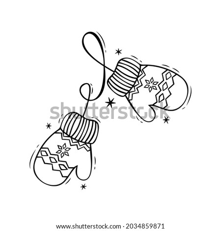 Hand drawn icon of Christmas mittens in doodle style isolated on white background.