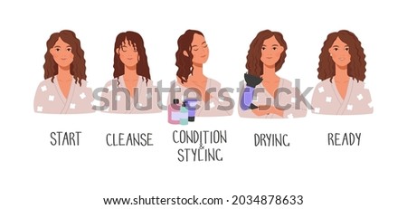 Curly hair care process in steps. Young girl washes, styles with products and dries curly hair. Curly girl method (CGM) concept. Vector illustration of hair treatment stages Royalty-Free Stock Photo #2034878633