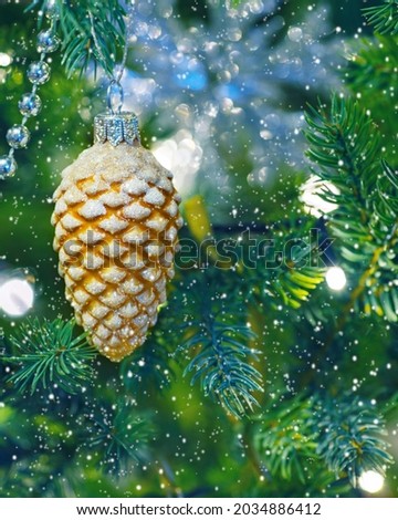 Christmas tree ornament Christmas ball on fir branches. Selective focus, copy space for your text