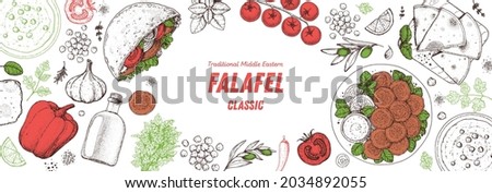 Falafel cooking and ingredients for falafel, sketch illustration. Middle eastern cuisine frame. Street food, design elements. Hand drawn, menu and package design. Vegan food Royalty-Free Stock Photo #2034892055