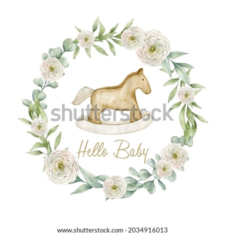 Watercolor illustration card hello baby with eucalyptus wreath and wood horse.Isolated on white background. Hand drawn clipart. Perfect for card, postcard, tags, invitation, printing, wrapping.  