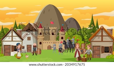 Medieval town scene with villagers and warriors illustration