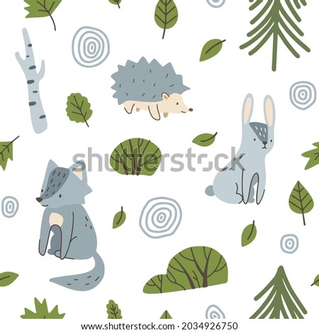 Cute forest grey animals pattern. Seamless texture for textile, fabric, apparel, wrapping, paper, stationery.