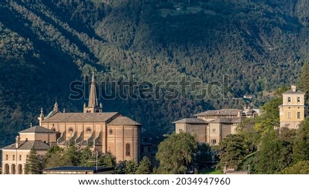 Panorama of the historic center of Chatillon, Aosta Valley, Italy, with the Church of San Pietro and the Passerin d'Entrèves Castle Royalty-Free Stock Photo #2034947960