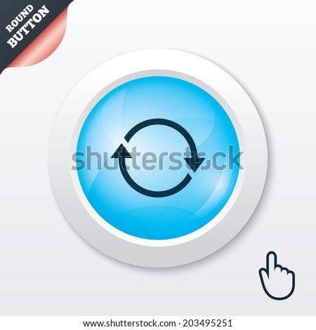 Rotation icon. Repeat symbol. Refresh sign. Blue shiny button. Modern UI website button with hand cursor pointer.
