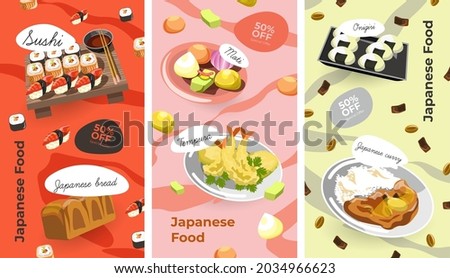 Asian cuisine and traditional Japanese dishes and meals on reduced price. Sushi and onigiri, bread and curry, rolls and salmon. Dinner and breakfast 50 percent off price. Vector in flat illustration