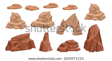 Desert rock vector set, cartoon stone canyon arc, Mexico eroded nature boulder isolated on white. Drought environment game object, dry cracked cliff kit west raw terrain formation. Desert rock clipart Royalty-Free Stock Photo #2034971210