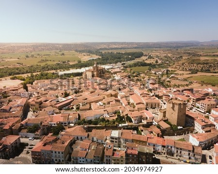 aerial landscape of cathedral in medieval town in Spain.