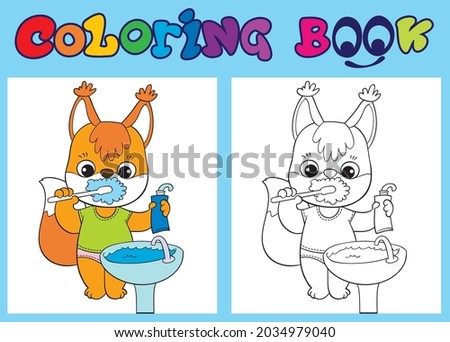 Coloring. The cartoon squirrel is brushing his teeth.