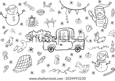 Christmas Tree and Cute Traditional Toys Cartoon Coloring Illustration