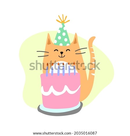 Cute Birthday Cat Vector Design Template. Hand Drawn Cat with Birthday Cake and Candles. This design can be used in Birthday Card, T shirt design and children's illustration book.