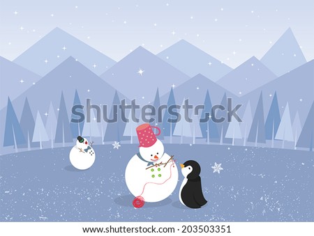 Winter landscape with penguin and cute snowman, create by vector 