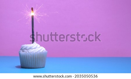 Cute and tasty vanilla coconut cupcake with burning sparklers on pink background. Close-up shot of bright burning Bengal fire in muffin dessert. Pink background for girl. Shallow depth of field.