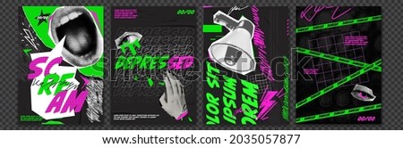 Discounts vector collage grunge flyers. . Doodle elements on retro poster. Stylish modern advertising poster design Royalty-Free Stock Photo #2035057877