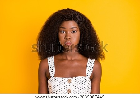 Photo of nice optimistic brunette lady hold air wear white top isolated on vivid yellow color background