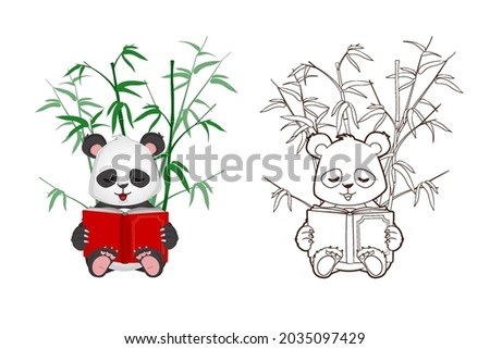 Coloring book: funny little panda holding a book in his hands. Vector illustration in cartoon style, black and white line art