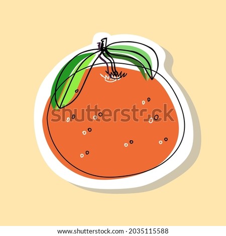 Vector illustration of an orange or tangerine on a branch with leaves in a doodle style. Drawing with an offset outline. Hand drawn icon and symbol for print on baby clothes, sticker, textile design. 