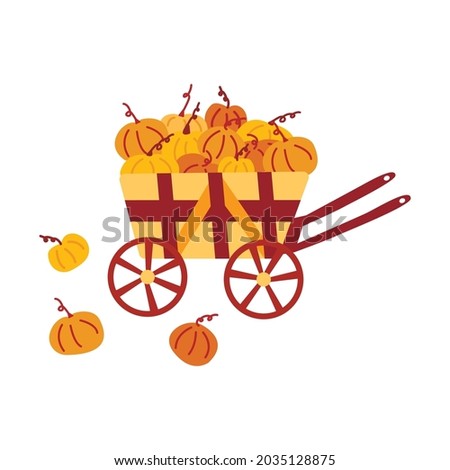 Wooden cart with pumpkins. Harvesting. Colorful vector isolated illustration hand drawn. Autumn season. Farm. Ripe gourd, farmers market