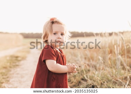 Little cute girl todler walking through a wheat field