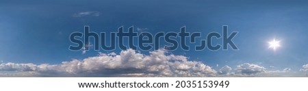 clear blue sky hdri 360 panorama with white clouds. Seamless panorama with zenith for use in 3d graphics or game development as sky dome or edit drone shot for sky replacement