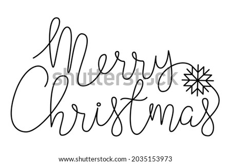 Merry Christmas lettering banner with snow flake hand drawn with thin line, divider shape. Isolated on white background. Vector illustration