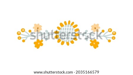 Vector baby Floral summer divider banner, Pastel kids color sunflower and wildflowers. Scandinavian style hand drawn divider shape. Isolated illustration on white background.