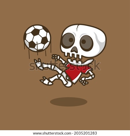 cute cartoon skull playing somersault soccer kicking the ball. vector illustration for mascot logo or sticker